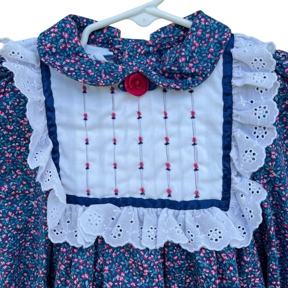 Vtg Polly Flinders Floral Long Sleeve Dress Rosette Smocking Eyelet Lace Sash 3T - Picture 4 of 13